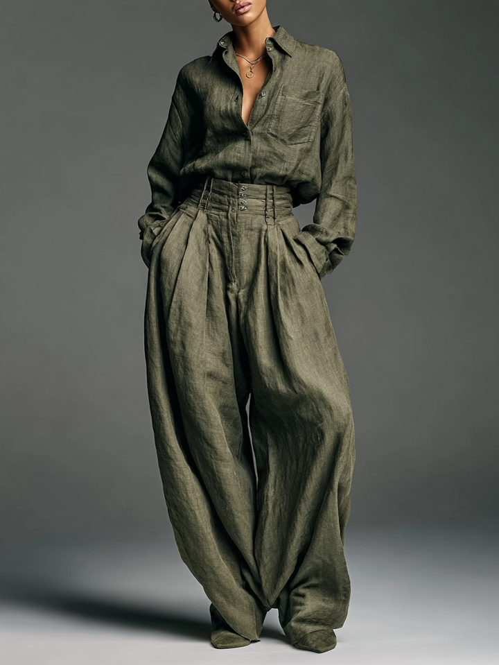 Two-Piece Women's Cotton and Linen Set with Long Sleeve Shirt and Wide Leg Pants
