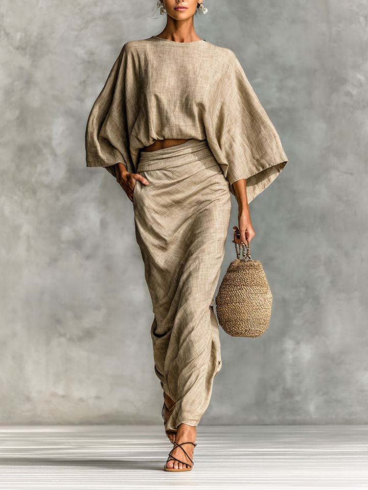 Two-Piece Set Long Skirt Batwing Sleeve in Cotton and Linen