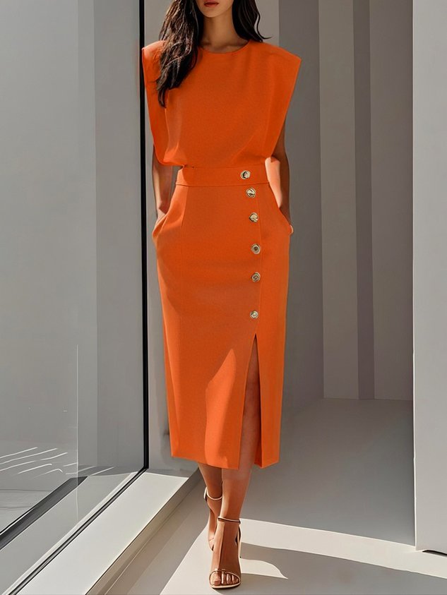 Hayden Marlene™ | Solid Midi Dress with Button Slit and Round Neckline