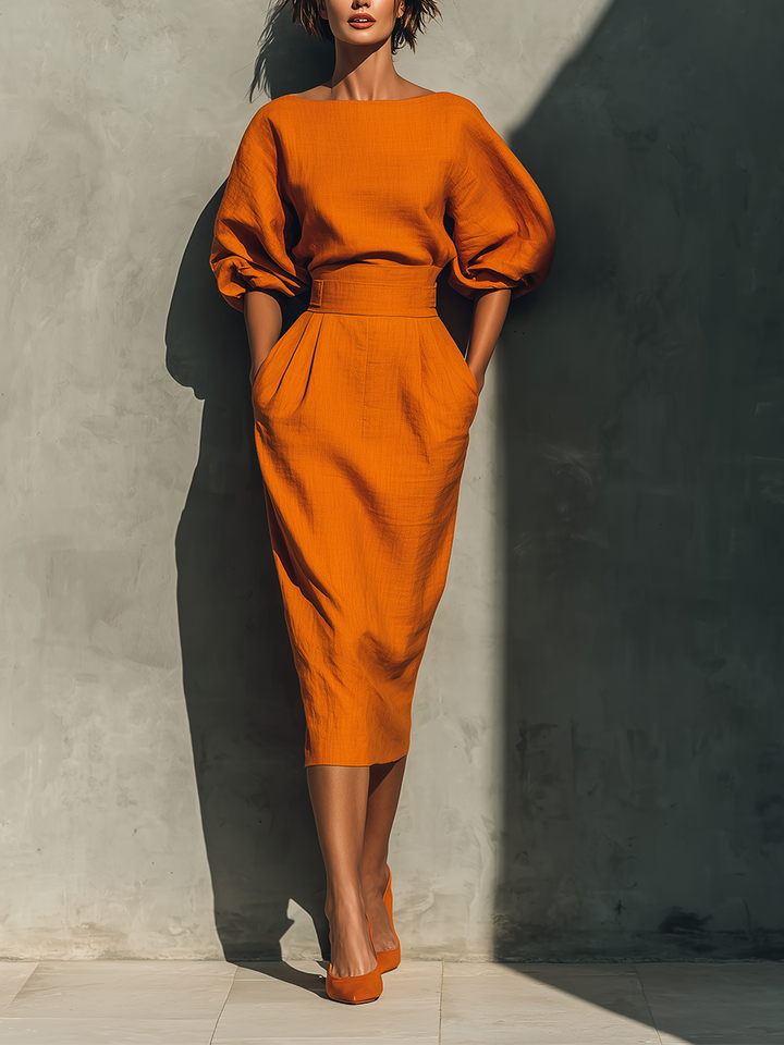 Vibrant Midi Skirt in Orange Cotton-Linen Blend